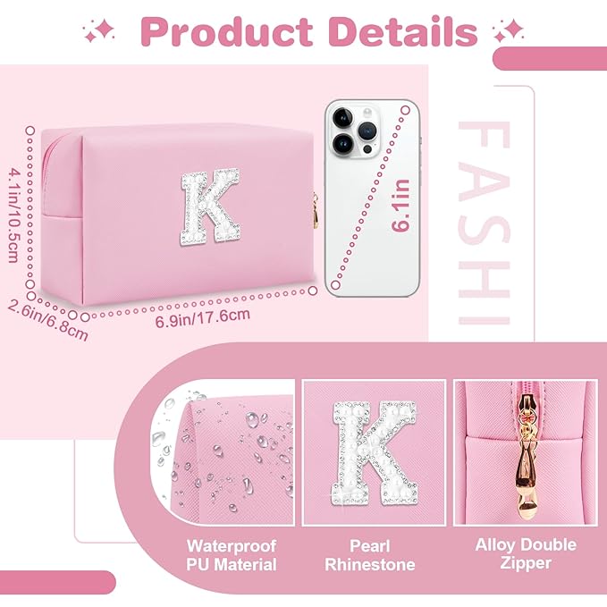 ChaoGreat Bride Gifts – Personalized Initial Makeup Bag with Pearl Rhinestone Patch, Preppy Pink Monogram Cosmetic/Toiletry Pouch, bridesmaid Gifts, Bridal Shower Gifts, Wedding Gifts, Bridal Gifts,K