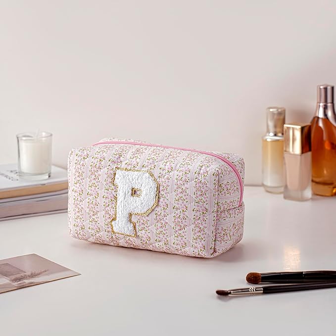 JOVAKIT Makeup Bag Cosmetic Bags for Women, Christmas Gifts for Girls Age 6-18, Alphabet Pink Floral Coquette Zipper Travel Makeup Pouch, Organizer Case Trendy Stuff (Pink+ Blue P)
