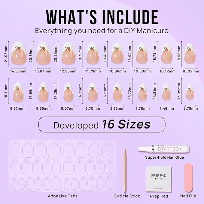 BTArtbox Press on Nails Short -White Designed French Tip Press On Nails Almond with Bow, Glue On Nails for Gifts, Natural Stick On Nails in 16 Sizes - 30 Fake Nails Kit, Dinner Star