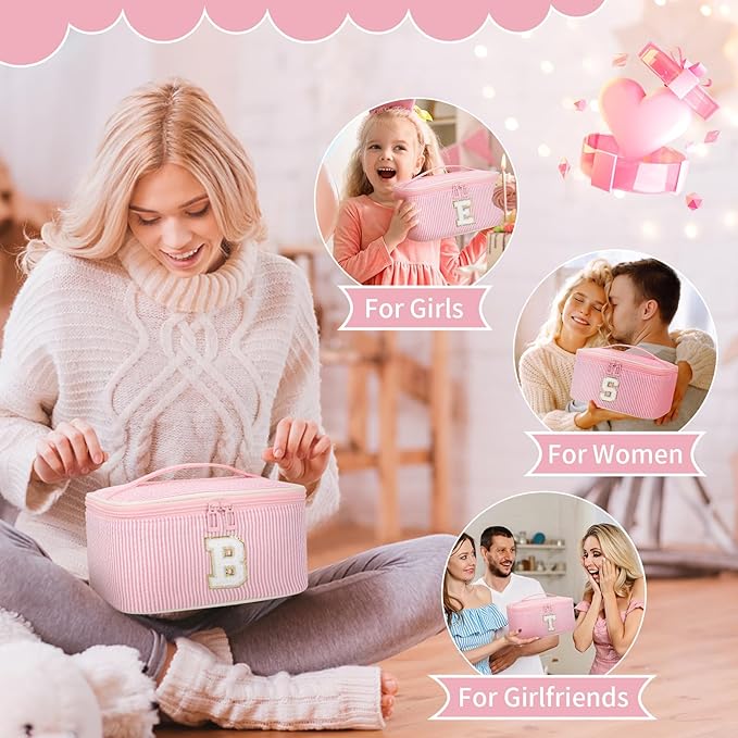OCHEAL Makeup Bag for Women, Monogram Cosmetic Bag with Brush Holder, Pink Travel Makeup Case Beauty Toiletry Bag Organizer Personalized Gifts for Girls Bridesmaid, Sister, Wife, Friends Initial E