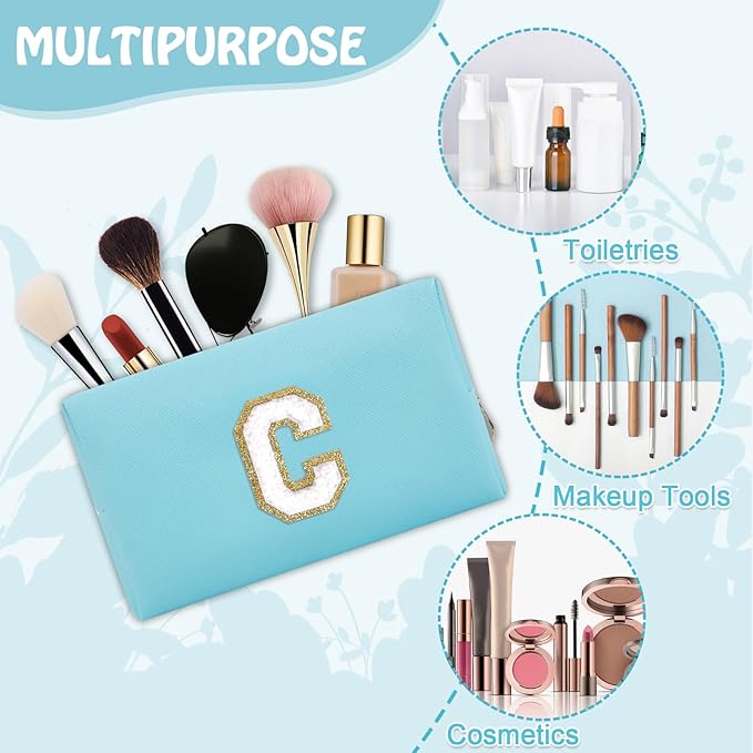 Personalized Initial Preppy Makeup Bag, Small Blue Cute Toiletry Pouch Monogram Cosmetic Travel Organizer with Zipper, PU Waterproof Glitter Make Up Case Gifts for Female Coworker Friends(Letter C)