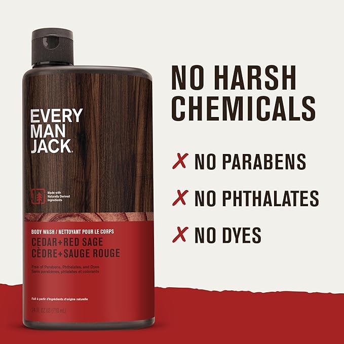 Every Man Jack Nourishing Cedar + Red Sage Mens Body Wash for All Skin Types - Naturally Derived Ingredients - Cleanse and Hydrate Skin with Coconut and Glycerin - 24oz 2 Bottles