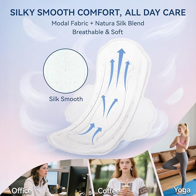 MODAL Pads for Women, Unscented Daily Thin Sanitary Pads for Period with Wings, 9.5 Inch(240 mm), Regular, 8 Count