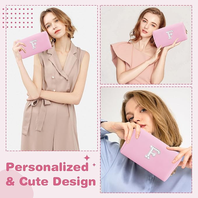 ChaoGreat Bride Gifts – Personalized Initial Makeup Bag with Pearl Rhinestone Patch, Preppy Pink Monogram Cosmetic/Toiletry Pouch, bridesmaid Gifts, Bridal Shower Gifts, Wedding Gifts, Bridal Gifts,F