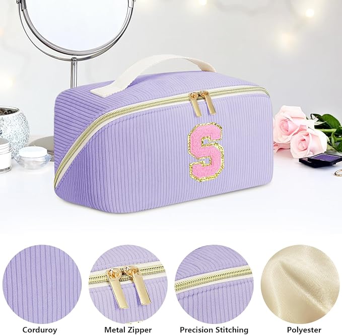 Personalized Initial Makeup Bag,Christmas Gifts for Girl,Preppy Bag Cosmetic Travel Bag Women,Travel Toiletry Organizer,Large Capacity Corduroy Stuff Bag,Cute Cosmetic Pouch Skincare Bag-X