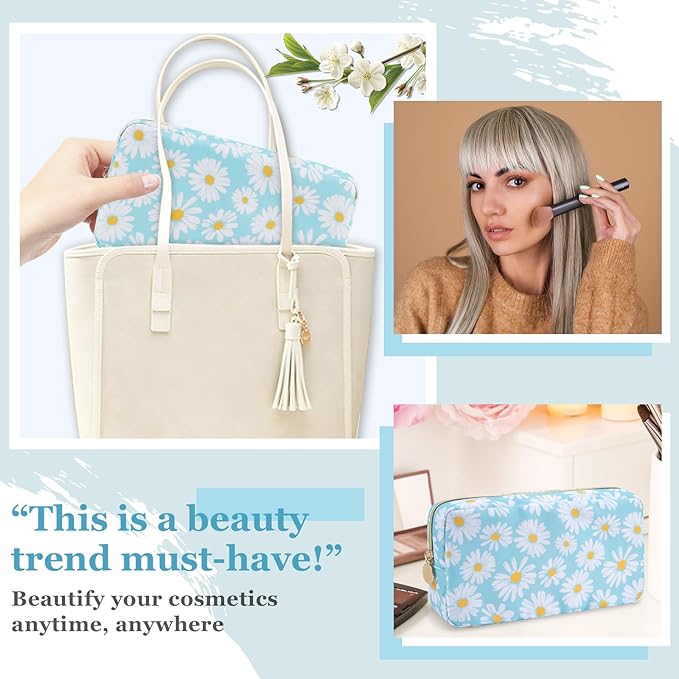 Nylon Small Floral Makeup Bag for Purse, Cute Preppy Travel Makeup Bag Flower Cosmetic Zipper Pouch Purse, Waterproof Portable Toiletry Makeup Brush Bag Clutch Organizer Storage for Women(Blue-Daisy)