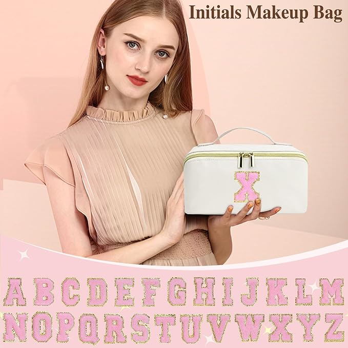 for Christmas Day Gifts, Makeup Bag for Women, PU Leather Travel Toiletry Bags, Initial Make Up Cosmetic Pouch for Teen Girls, Wide Open Portable Skincare Bag, Personalized Birthday Gifts, White R