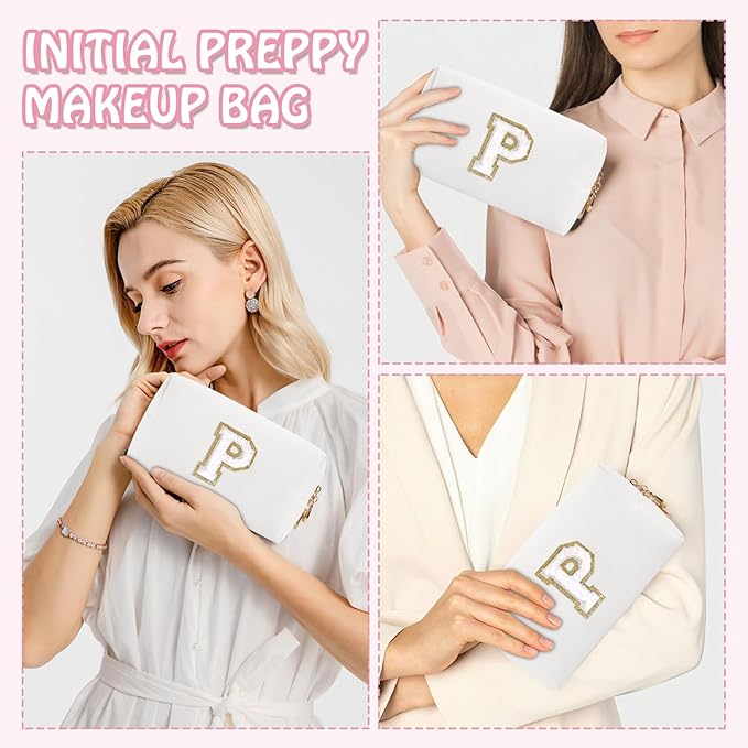 Personalized Initial Preppy Makeup Bag Organizer, White Small Travel Cosmetic Bag Monogram Toiletry Zipper Pouch, Portable Waterproof PU Makeup Case for Women Brides Female Proposal Gift(Letter P)