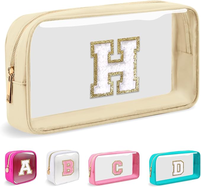 Small Clear Personalized Initial Makeup Bag,Nylon Preppy A-Z Chenille Letter Patch Cosmetic Pouch Beach Toiletry Bag,Waterproof Zipper Travel Purse Storage Bag Organizer for Women Girls(Beige-White H)