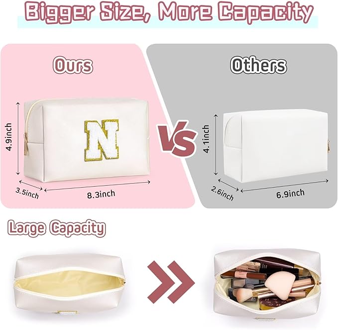 TOPEAST Cosmetic Travel Bags for Women, Preppy Small Makeup Bag, PU Leather Waterproof Toiletry Bag, Unique Friendship Gifts for Friends Coworker, Cute Stuff for Girls (White R)