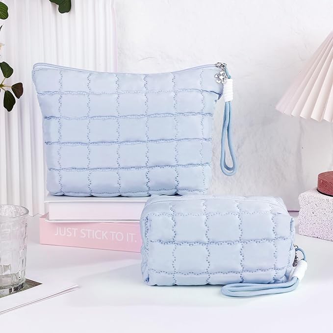 Richeart Makeup Bag Travel Toiletry Bag - Checkered Down Cotton Makeup Pouch for Women with Cosmetic and Pencil, Aesthetic Light blue Design, Small