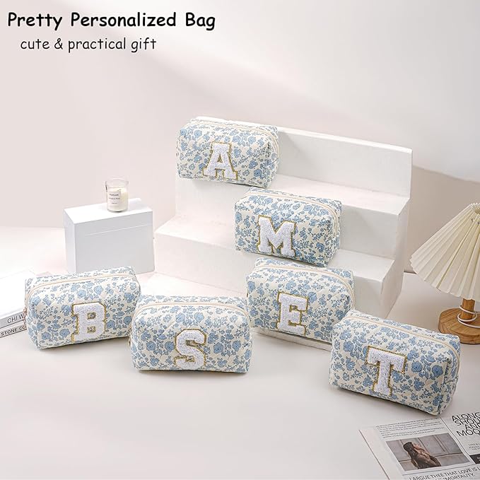 Gleyemor Personalized Initial Makeup Bag for Women, Cute Quilted Blue Floral Cotton Cosmetic Bag, Christmas Gifts for Her Mom Friend Sister Bridesmaid Teacher Women V