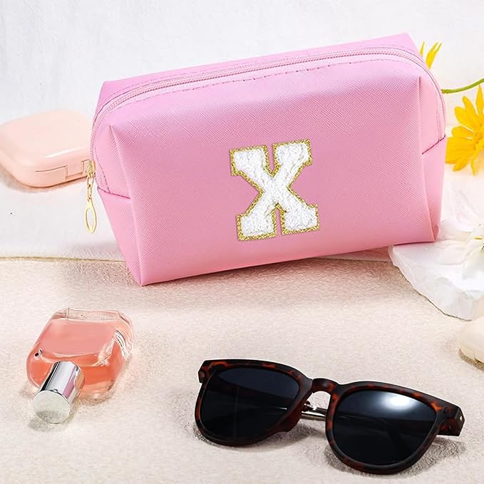 Initial Makeup Bag Personalized Preppy Travel Small Cosmetic Bag Cute PU Pink Chenille Letter Makeup Pouch for Purse Waterproof Zippered Toiletry Organizer for Women Girls Kids Friends (X)