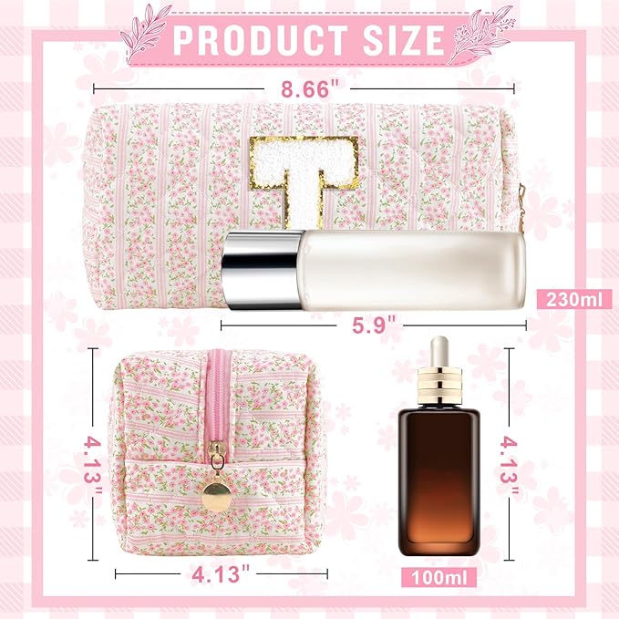 Personalized Quilted Cosmetic Bag, Puffy Monogrammed Christmas Birthday Gifts for Women & Girls, Cute initial Floral Makeup Bag Puffer Coquette Bag, Aesthetic Travel Toiletry Zipper Pouch(Pink,T)