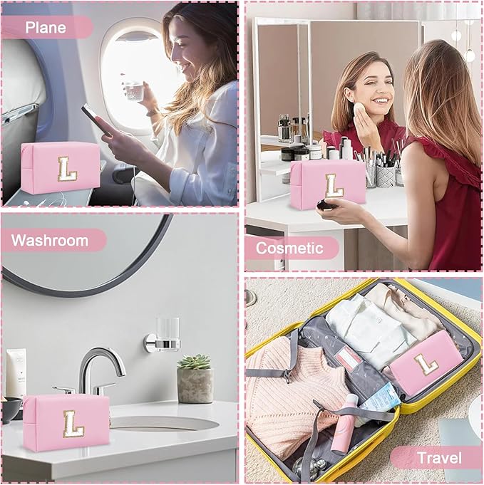 Personalized Initial Preppy Travel Makeup Bag Organizer, Small Pink Cute Cosmetic Bag Toiletry Zipper Pouch for Women, Portable Waterproof PU Makeup Case Birthday Gift for Friends Teacher(Letter L)