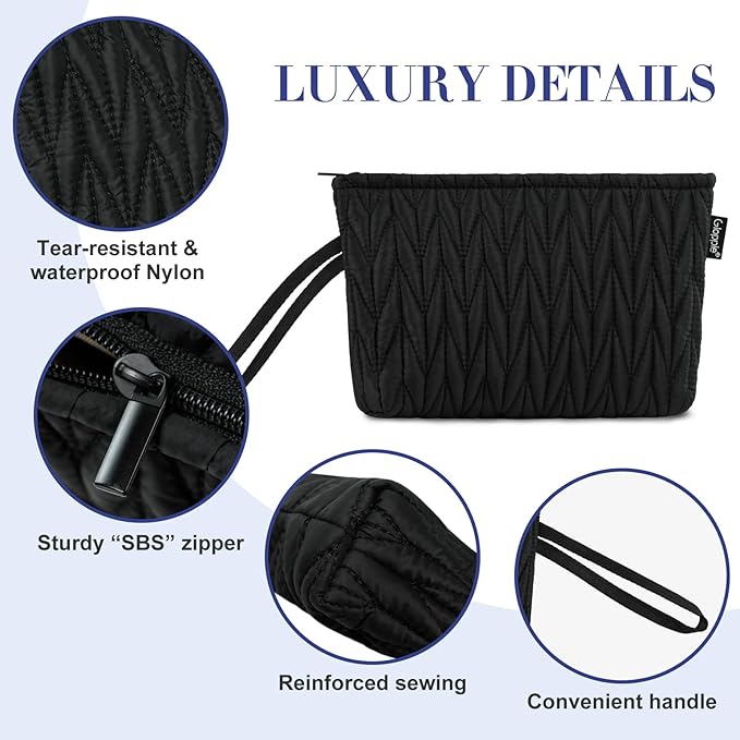 Gloppie Small Makeup Bag for Purse Portable Cosmetic Bag Puffy Padded Makeup Pouch Wristlet Pouch for Women Black