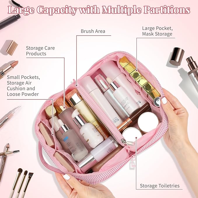Travel Makeup Bag for Women, 2Pcs Portable Personalized Initial Makeup Organizer Bag, Open Flat Large Cosmetic Bag With Travel Essential Pouch (Pink Letter I)