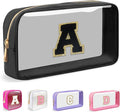 Small Clear Personalized Initial Makeup Bag,Nylon Preppy A-Z Chenille Letter Patch Cosmetic Pouch Beach Toiletry Bag,Waterproof Zipper Travel Purse Storage Bag Organizer for Women Girls(Black-Black A)