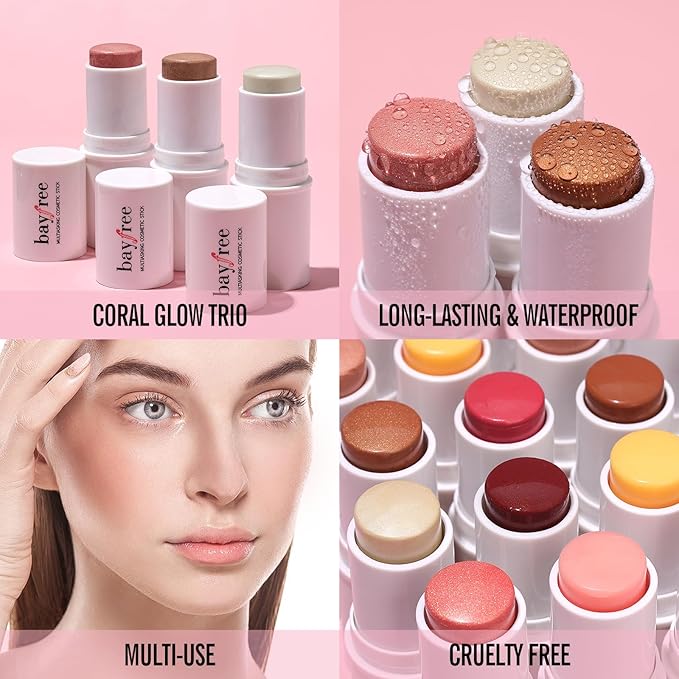 KIMUSE Multi Stick Trio Face Makeup, Cream Blush Stick for Cheeks & Lips, Contour Stick & Highlighter Makeup Sticks for All Skin