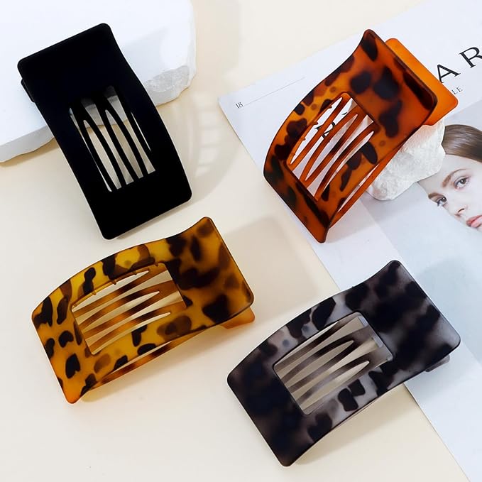 Velscrun Flat Hair Clips for Women Girls, Matte Lay Flat Claw Clips, Strong Hold Large Side Hair Clip All Hair Types, French Duck Billed Non Slip Grip Daily Styling Hair Jaw Claw Clip Matte Leopard