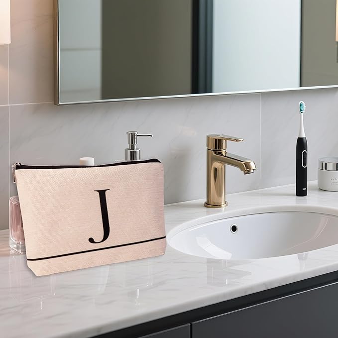 Letter A-Z Initial Personalized Makeup Bags, Birthday Gifts for Women, Monogrammed Gifts for Women Mom Sister Best Friend Bride Bridesmaid, Mothers Day, Christmas, Small Travel Cosmetic Bag (J)