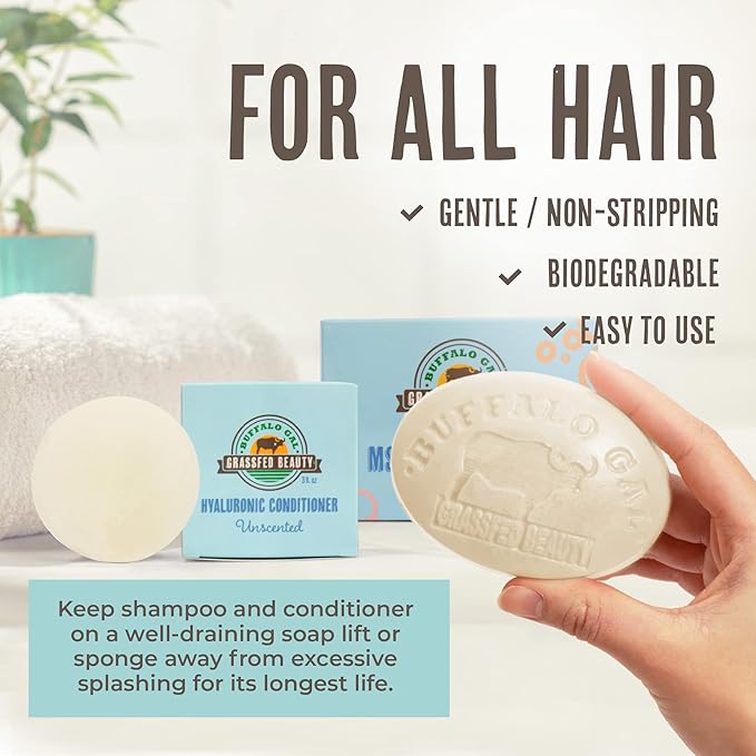 Grassfed Beauty - MSM Shampoo Bar + Hyaluronic Hair Conditioner Bar, Solid Bar Shampoo and Conditioner for Hair Growth, Non-Soap, For All Hair Types, Unscented, Set of 2