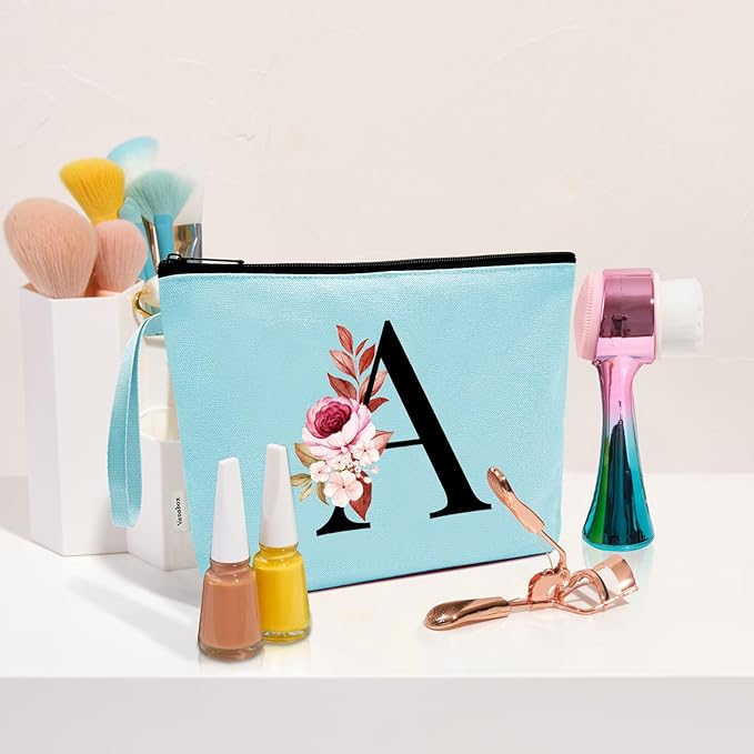 Vavabox A-Z Personalized Makeup Bag, Birthday Gifts for Women Mom, Gifts for Best Friend, Bride Bridesmaid Cosmetic bag (E, Green)