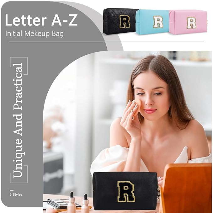 Personalized Initial A-Z Preppy Patch Makeup Bag,Small PU Chenille Letter Cosmetic Bag with Zipper for Teen Girls,Black Cute Toiletry Organizer Bag,Monogram Makeup Case Gift for Women Girls,Letter R