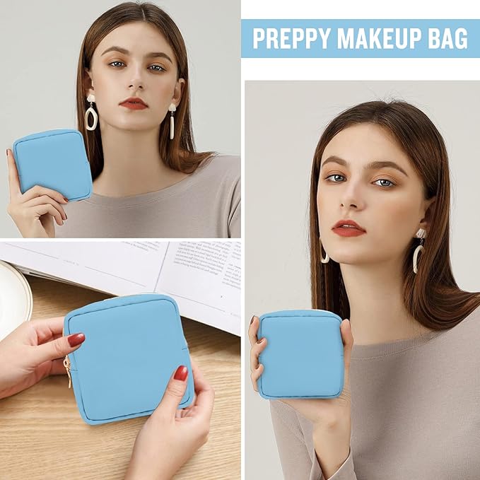 Nylon Mini Makeup Bag for Purse, Preppy Small Cute Makeup Bag Cosmetic Zipper Pouch Purse, Waterproof Travel Coin Pouch Sanitary Napkin Storage Bag Clutch Make Up Organizer Bag for Women Girls(Blue)
