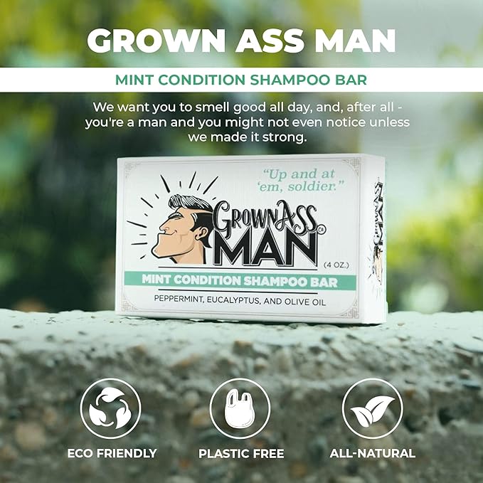 Grown Ass Man Co. - Solid Shampoo Bar Rich Lather 3 in 1: Hair, Beard & Body Wash - Plastic Free & Eco-Friendly, Natural & Organic Clean for All Hair Types, 4oz Bar (Mint Condition, 6-Pack)