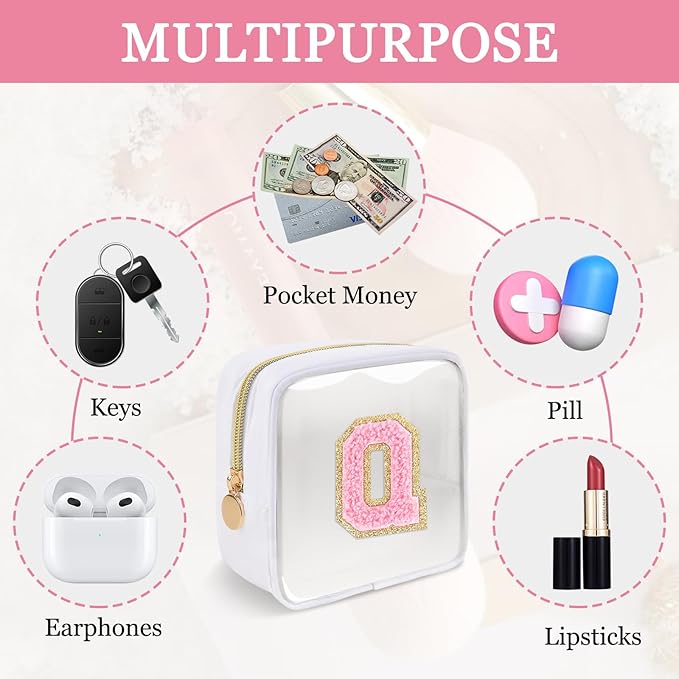 Mini Clear Personalized Initial Makeup Bag,Small Nylon Waterproof Zip Beach Cosmetic Pouch,Preppy A-Z Chenille Letter Patch Cute Coin Purse Travel Toiletry Bag Car Pack Bag for Women(White-Pink Q)