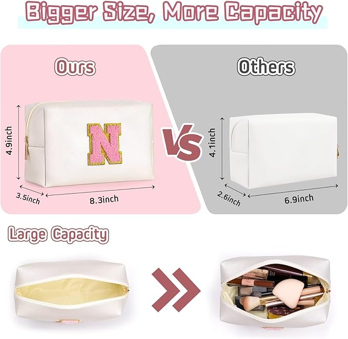 TOPEAST Travel Makeup Bag, Personalized Initial Toiletry Bag w Zipper, Cute Makeup Pouch, PU Leather Waterproof Cosmetic Bag, Birthday Gift for Daughter, Preppy Things for Girls (Pearly White G)
