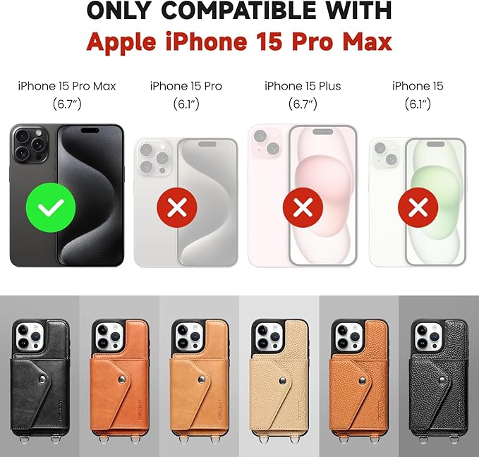 LUCKYCOIN Crossbody Wallet Phone Case for iPhone 15 Pro Max,100% Genuine Leather Wallet Phone Case with Expandable Flip Card Holder,Phone Purse for Women with Adjustable Removable Strap - Brown