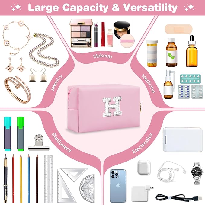 ChaoGreat Bride Gifts – Personalized Initial Makeup Bag with Pearl Rhinestone Patch, Preppy Pink Monogram Cosmetic/Toiletry Pouch, bridesmaid Gifts, Bridal Shower Gifts, Wedding Gifts, Bridal Gifts,H