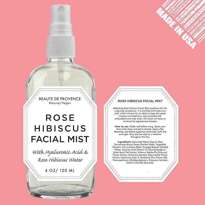BEAUTE DE PROVENCE Rose Water Spray for Face & Body Refreshment with Moisturizing Hyaluronic Acid and Hibiscus water | Instant Hydration, Cooling, Calming & Conditioning (8 FL OZ)