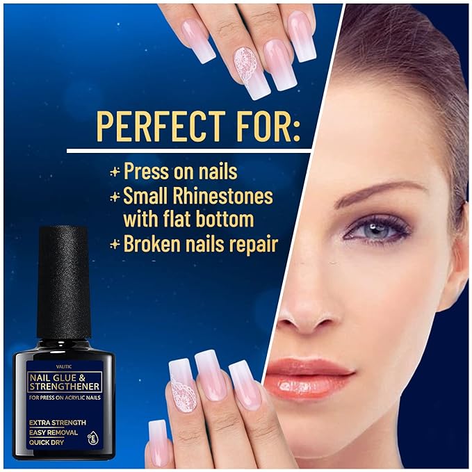 Valitic Strong Nail Glue and Strengthener for Acrylic and Press On Nails - Quick Dry Brush On Gel for Long Lasting Effect - Adhesive Nail Bond for False Nails with Tips Strengthener - 4 PACK