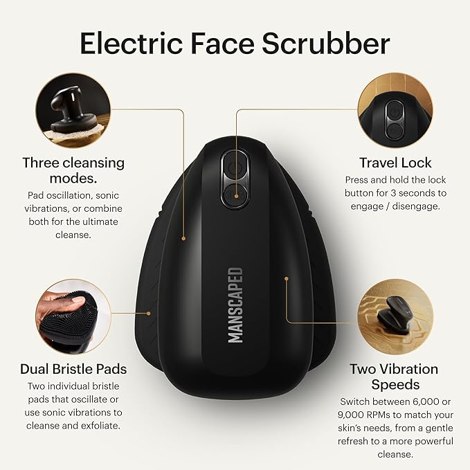 MANSCAPED® The Face Buffer PRO - Men's Electric Silicone Face Scrubber for Nourishing, Deep Cleaning & Exfoliating Your Skin, 3 Facial Cleansing Modes & 2 Sonic Vibration Speeds, Travel Lock
