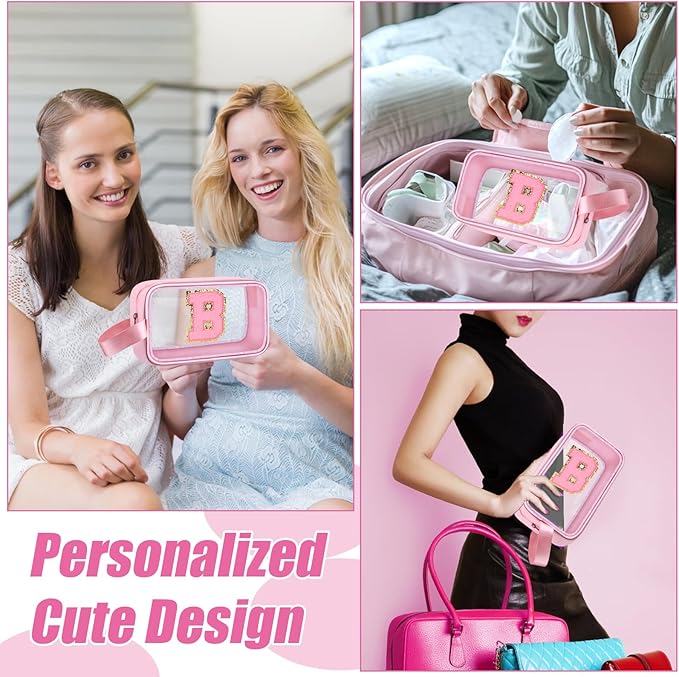 Initial Makeup Bag,Letter B Cute Clear Monogrammed Cosmetic Travel Bag for Womens Girls,Personalized Pink Aesthetic Traveling Make Up Organizer Bag for Beach,Waterproof Toiletry Bag