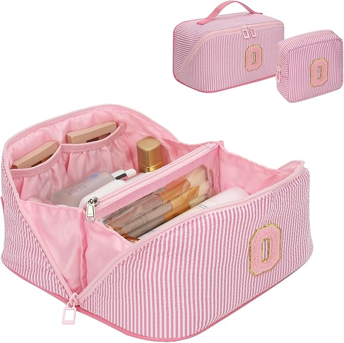 Travel Makeup Bag for Women, 2Pcs Portable Personalized Initial Makeup Organizer Bag, Open Flat Large Cosmetic Bag With Travel Essential Pouch (Pink Letter O)
