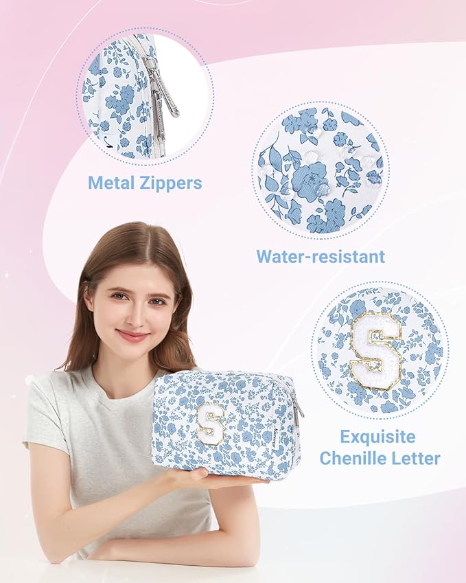 Narwey Birthday Gifts for Teen Girls Kids Women Personalized Initial Floral Makeup Bag Cute Cosmetic Trendy Stuff 6 8 10 11 12 13 14 16 18 Years Old Travel Toiletry Bag (Little Blue Flower S)