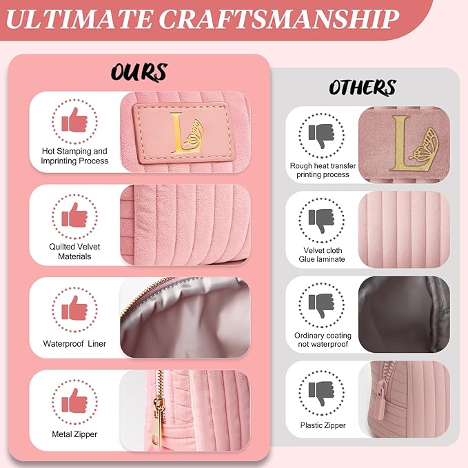 Monogrammed Make Up Bags for Women,Personalized Cosmetic Bags Women,Small Quilted Makeup Pouch,Cute Makeup Bag Travel,Birthday Gifts for Teen Girl (Pink L)