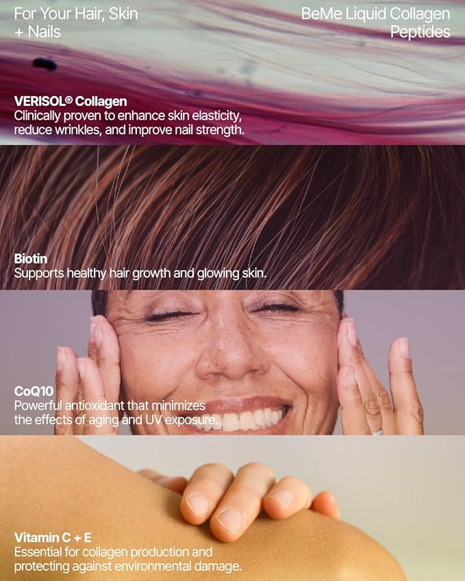 BeMe Liquid Collagen for Women - 2500mg Verisol Collagen Liquid with Biotin, CoQ10 & Vitamin C - Clinically Proven Collagen Peptides for Hair, Skin & Nails - 15 Mixed Berry Sachets