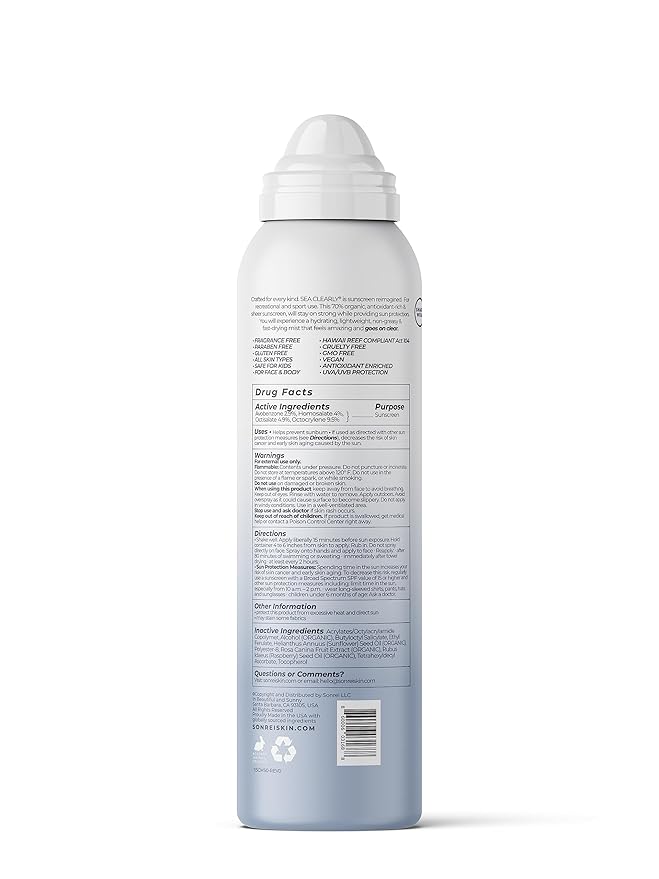 Sonrei Sea Clearly® Organic Mist Sunscreen | SPF 50, Broad Spectrum, Water-Resistant | Vegan, Non-Greasy | Ideal for Face & Body | 6 Fl Oz (Pack of 1)
