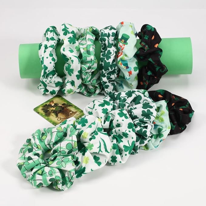 Green Shamrock and Rainbow Elastic Hair Scrunchies - 12PCS Gifts for Women & Teen Girls, St. Patrick's Day Decor Hair Accessories