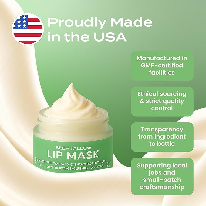 Body Restore Grass Fed Beef Tallow Lip Mask, with Manuka Honey – Christmas Stocking Stuffers, White Elephant, Hydrating Moisture, Travel Essentials, Self Care, Birthday Gifts for Women, Men – Bergamot