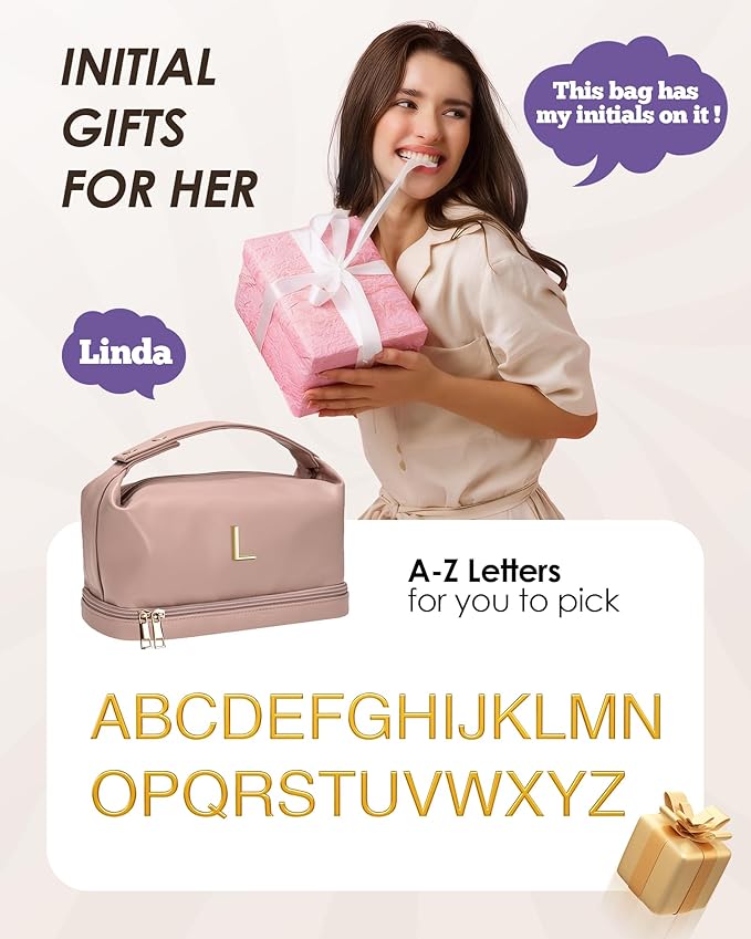 Graduation Gifts for Daughter-Initial Cosmetic Bag Handle, PU Leather Makeup Bags Letter Travel Toiletry Bag with Makeup Brush Organizer-Bridesmaid Proposal Gifts-Daughter Graduation Gifts