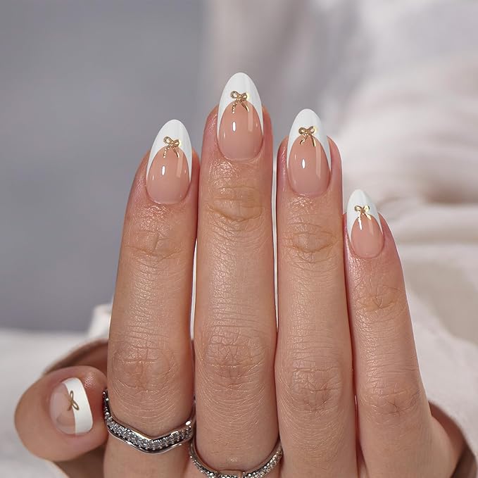 BTArtbox Press on Nails Short -White Designed French Tip Press On Nails Almond with Bow, Glue On Nails for Gifts, Natural Stick On Nails in 16 Sizes - 30 Fake Nails Kit, Dinner Star