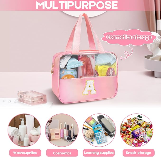 Personalized Initial Clear Makeup Bag Blue Cosmetic Bag Set Large Travel Toiletry Bag, Cute Clear Make Up Bags Organizer Bag for Girlfriend Teacher Gifts Teen Girl Gifts Trendy Stuff A (Blue)