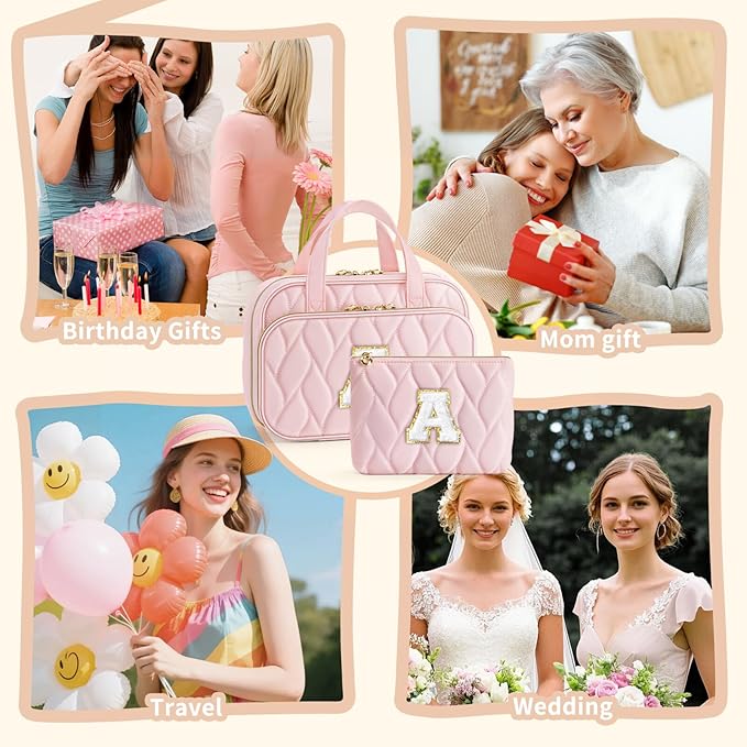 YOOLIFE Gifts for Friends - Friendship Gifts for Women, Travel Toiletry Bag for Women, Hanging Toiletry Bag, Monogrammed Initial Tolietry Pouch Makeup Bag - Letter F Pink