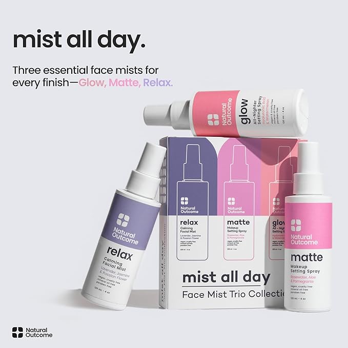 natural outcome Face Mist Trio Collection – Hydrating Facial Mist Spray for Glowing Skin – Rosewater, Lavender & Hyaluronic Acid – Makeup Setting & Refreshing Face Spray Mist